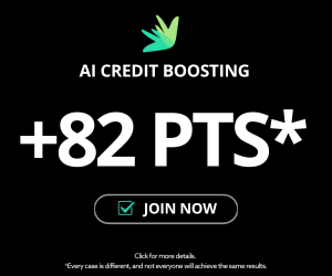 Promotional image for AI credit boosting service showing '+82 PTS*' and a 'JOIN NOW' button