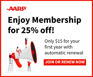 Banner promoting AARP membership with a 25% discount, featuring a megaphone and characters celebrating the offer.
